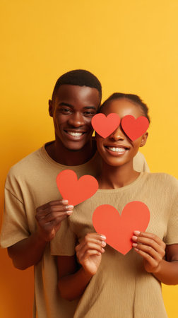 A cheerful couple expresses their love and joy, holding red heart shapes, creating a vibrant and romantic scene on a sunny yellow background.の素材