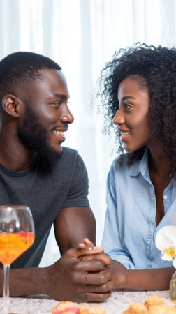 A diverse couple shares a delightful breakfast, their warm smiles and eye contact revealing a comfortable conversation over freshly prepared drinks and pastries.の素材