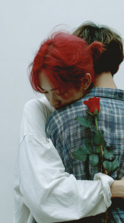 A romantic embrace between a young couple, one with vibrant red hair, holding a single red rose. Their connection is palpable in this intimate portrait.の素材