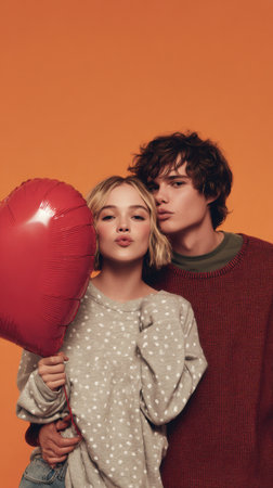 A young couple embraces, sharing a sweet moment with a large red heart balloon against a vibrant orange backdrop, embodying youthful romance and affection.の素材
