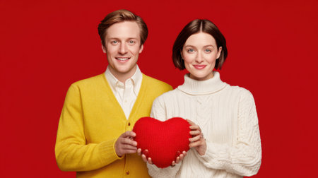 A smiling couple, dressed in cozy sweaters, shares a red heart, symbolizing their love and affection for each other in a festive studio portrait.の素材