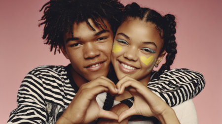 A Black teen couple shares a moment of happiness, creating a heart symbol with their hands. They wear stylish striped shirts, smiling brightly in a studio setting.の素材