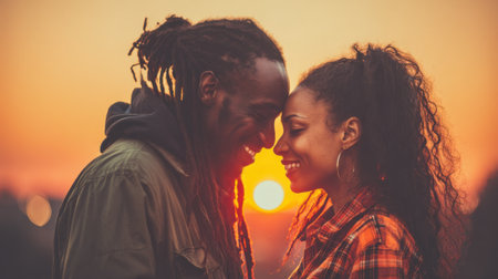 A joyful African American couple gazes into each other's eyes, their foreheads touching against a beautiful sunset, symbolizing enduring love and happiness.の素材
