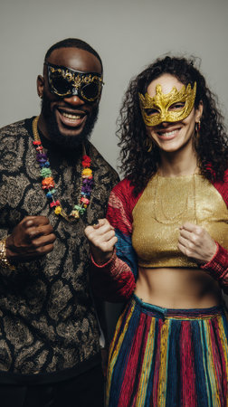 A joyful Black man and a woman with curly hair pose in elaborate masquerade masks and vibrant attire, radiating excitement and celebrating a festive occasion together.の素材