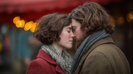 A tender moment shared between a man and woman, foreheads touching, eyes closed, symbolizing deep connection amidst a softly blurred, warm bokeh background.の素材