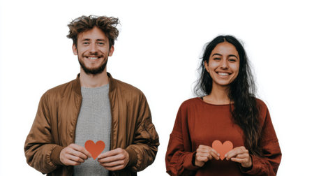 A smiling man and woman hold small red heart cutouts, symbolizing affection and happiness. This image is perfect for love, relationship, and Valentine's Day themes.の素材