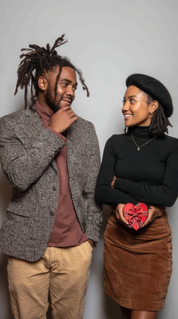 A joyful couple shares a tender moment, with the woman holding a heart-shaped gift. Their smiles convey deep affection, perfect for celebrating love and romance.の素材