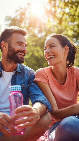 A joyful couple shares a laugh while relaxing on a picnic blanket outdoors. Sunlight streams through the trees, creating a warm and intimate atmosphere.の素材