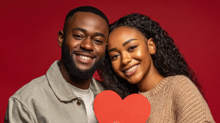 A smiling Black couple shares a tender moment, holding a red heart against a vibrant red background. This image captures the essence of love, affection, and romantic celebration.の素材