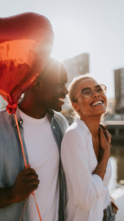 A happy young couple shares a moment of pure joy and laughter, holding a vibrant red heart balloon. They radiate love and connection, enjoying a beautiful day outdoors.の素材