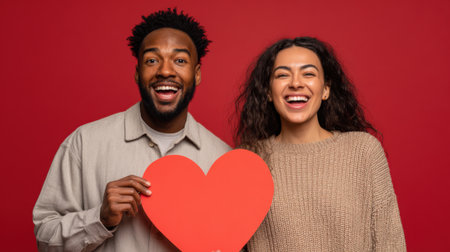 A delighted Black couple shares a laugh while holding a large red heart. Their expressions radiate happiness and connection, perfect for themes of love, romance, and celebration.の素材