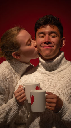 A tender moment captured as a young woman gently kisses her partner's cheek, both wearing cozy sweaters and holding mugs adorned with red hearts, symbolizing love.の素材