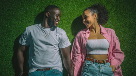 A joyful Black man and woman are lying down, holding hands, and sharing a happy moment on a vibrant green grassy background, capturing a candid connection.の素材
