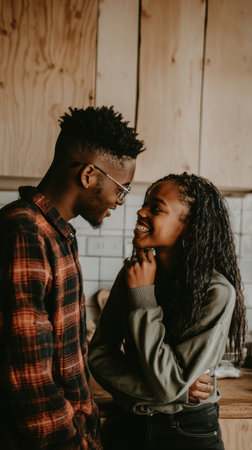 A loving Black couple gazes at each other with radiant smiles, their eyes filled with warmth and affection, capturing a beautiful moment of intimacy in a rustic kitchen.の素材