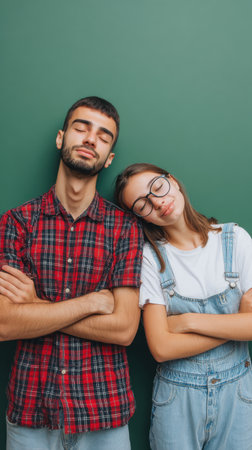 A serene moment captured with a young man and woman resting their heads, eyes closed, with arms crossed against a dark green backdrop.の素材