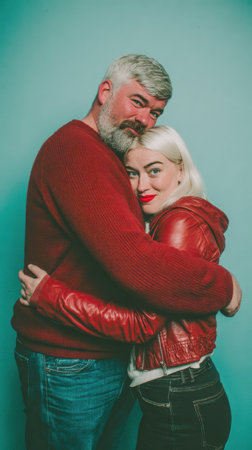 An older couple shows deep affection, wrapped in cozy red sweaters and sleek leather jackets, symbolizing enduring love and a strong bond.の素材