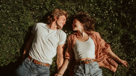 A young man and woman are lying on green grass, holding hands, and gazing at each other affectionately, bathed in warm sunlight, embodying a romantic moment.の素材