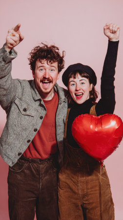 A joyous couple shares a moment of excitement, holding a large red heart balloon and striking celebratory poses against a vibrant pink backdrop. Perfect for Valentine's Day content.の素材