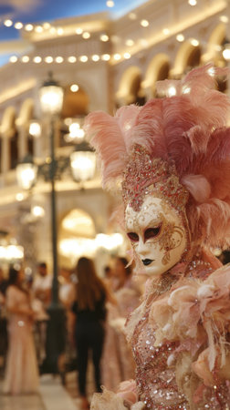 A detailed close-up showcases an elegant Venetian masquerade mask and costume adorned with pink feathers and sparkling embellishments, perfect for a festive and glamorous special event.の素材