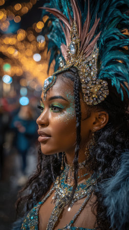 A woman wearing a detailed jewel-encrusted headdress and vibrant makeup shines brightly amidst bokeh lights at a lively nighttime event.の素材
