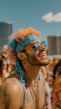 A man with vibrant pink and blue hair, a bandana, and reflective sunglasses beams with happiness at an outdoor event, surrounded by a crowd.の素材