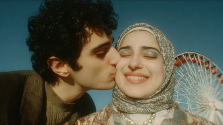 A diverse couple shares a heartfelt kiss with a colorful Ferris wheel under a clear blue sky, representing universal love and shared happiness.の素材
