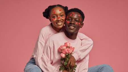 A joyful young Black couple embraces, adorned with sparkling heart face paint and wearing matching pink sweaters, holding a bouquet of roses, embodying romantic affection.の素材