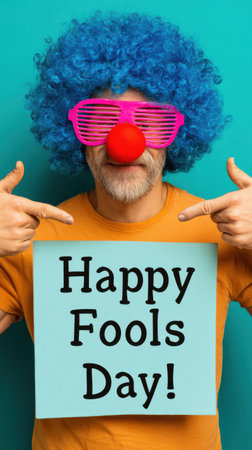 Embrace the spirit of April Fools' Day with this humorous image. A man sports a vibrant blue wig, comical pink glasses, and a red nose, holding a sign inviting pranks.の素材