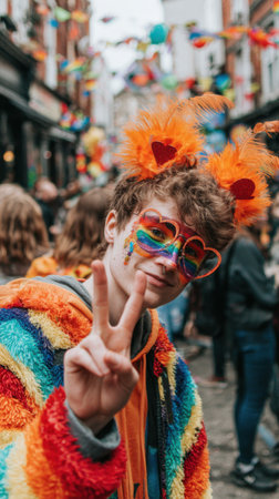 A person flashes a peace sign during a lively street festival, adorned with colorful rainbow makeup, fluffy orange headwear, and a statement jacket.の素材