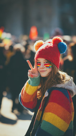 A young girl beams with joy, adorned with vibrant rainbow face paint and a matching cozy sweater, holding up a peace sign at an outdoor event.の素材