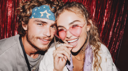A close-up shot of a happy couple, showcasing their joyous expressions and fashionable accessories, perfect for capturing a moment of fun and connection at a party.の素材