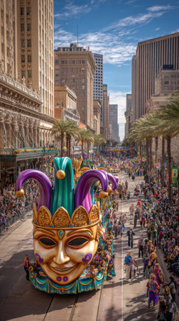 The heart of New Orleans comes alive during its iconic Mardi Gras parade. An intricate jester mask float shines amidst crowded streets filled with revelers.の素材