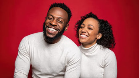 This lively portrait features a Black couple bursting with laughter, their joyful expressions amplified by the bold red backdrop and cozy white sweaters.の素材