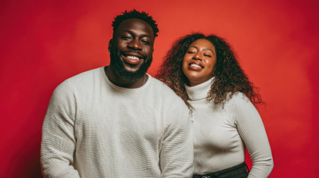A Black couple radiates warmth and affection in this studio shot, their gentle embrace and glowing smiles conveying a deep sense of connection.の素材