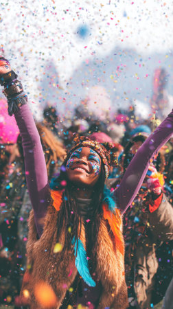 A young girl, eyes closed in happiness and arms raised high, is immersed in a vibrant confetti shower. Her festive clothing and radiant smile capture the energy.の素材