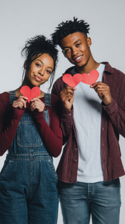 A diverse young couple beams as they hold red heart symbols, creating a scene of unity and positive romantic energy. Great for inclusive love stories.の素材