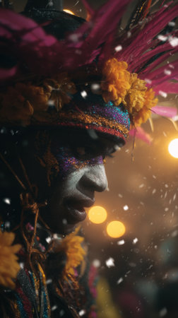 A detailed close-up showcases the artistry of Day of the Dead face paint and a richly decorated headdress, symbolizing a vibrant cultural celebration.の素材