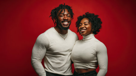 A happy Black couple shares a moment of joy, captured in a vibrant studio portrait with a striking red background, showcasing their genuine smiles.の素材