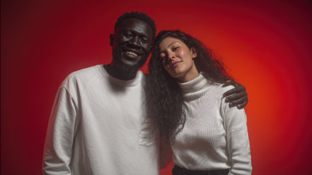 An attractive Black couple poses intimately in a studio setting with a red backdrop, their relaxed posture and close proximity highlighting their cherished bond.の素材