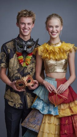 A smiling young couple poses in eye-catching festival outfits, featuring intricate masquerade masks, a lei, and unique layered clothing, embodying celebration and festivity.の素材