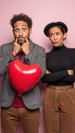 A man and woman share a comical moment with a large red heart balloon, their expressive faces conveying a range of playful and humorous emotions.の素材
