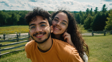 A happy couple enjoys a piggyback hug in a vibrant green field, surrounded by nature and a rustic wooden fence, their faces alight with shared joy and smiles.の素材
