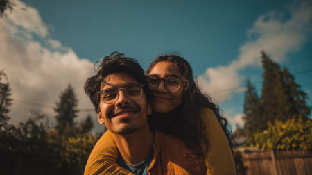 A joyful couple shares a playful piggyback ride outside, illuminated by warm sunlight, with a backdrop of lush trees and a vibrant sky, capturing a moment of pure happiness.の素材
