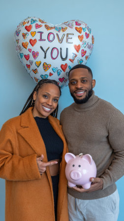 A charming couple poses with an 'I Love You' balloon and a piggy bank, beautifully capturing the essence of their romantic bond and their dedication to building a secure financial future.の素材