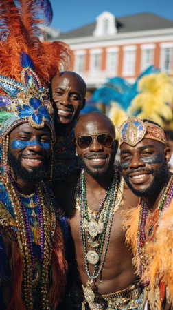 A group of joyful men proudly display their colorful, intricate Mardi Gras costumes, adorned with shimmering beads and feathers, embodying the vibrant energy of the parade.の素材
