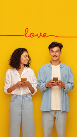A smiling young man and woman hold phones, texting each other. A red string art spells 'love' above them, set against a cheerful yellow backdrop.の素材