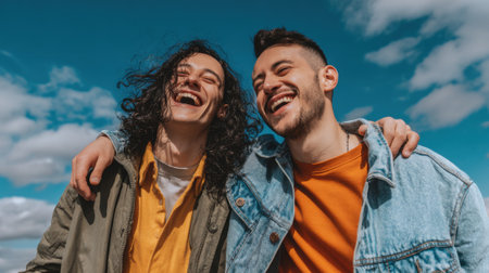 Two young men share a moment of uninhibited laughter, arms around each other, their faces lit with joy against a bright blue sky.の素材