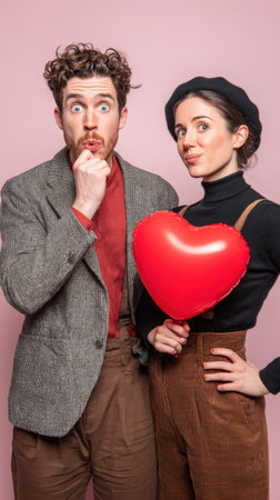 A surprised man and a smiling woman hold a large red heart balloon, striking humorous poses against a soft pink backdrop, embodying festive love and lighthearted romance.の素材