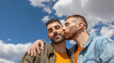 Two happy men in a loving embrace, sharing a kiss outdoors. The blue sky dotted with fluffy clouds provides a beautiful backdrop.の素材