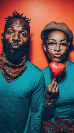 An African couple's close-up portrait shows them with playful pouts and smiles, holding a small red heart balloon, emphasizing their deep bond and affection.の素材